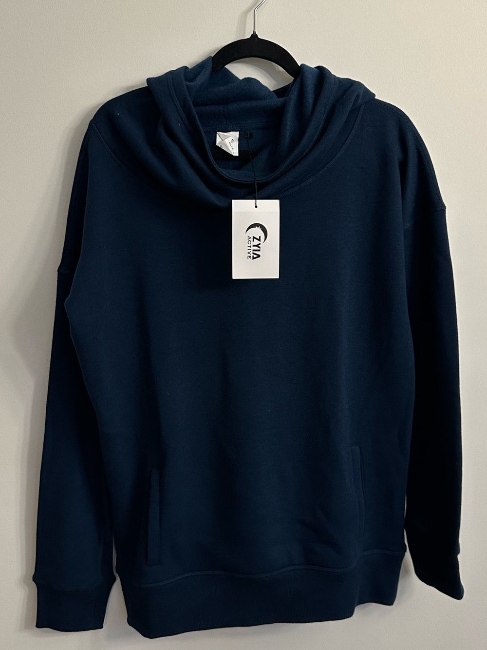 NWT ZYIA Active Oh So Soft Cowl Neck Hoodie Navy Blue Medium